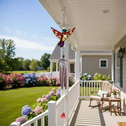 Wind Chimes for Outside, Amber Stained Glass Hummingbird Wind Chime, Deep Tone Memorial Gifts for Women Mom Grandma, Durable Metal Garden Patio Yard Window Decoration