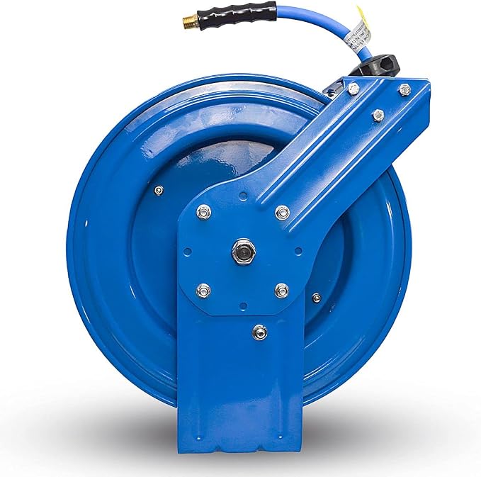 BLUBIRD BBRHD3850 18ga. Retractable Hose Reel with 3/8" X 50' Air Hose, 12 Point Ratcheting Gear, Next-Gen Rubber, Lightest, Strongest, Most Flexible, 300 PSI, -50F to 190F Degrees, Polyester Braided