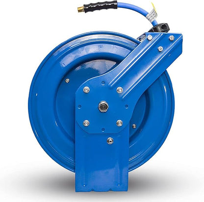 BLUBIRD BBRHD3850 18ga. Retractable Hose Reel with 3/8" X 50' Air Hose, 12 Point Ratcheting Gear, Next-Gen Rubber, Lightest, Strongest, Most Flexible, 300 PSI, -50F to 190F Degrees, Polyester Braided