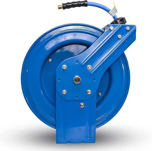 BLUBIRD BBRHD3850 18ga. Retractable Hose Reel with 3/8" X 50' Air Hose, 12 Point Ratcheting Gear, Next-Gen Rubber, Lightest, Strongest, Most Flexible, 300 PSI, -50F to 190F Degrees, Polyester Braided