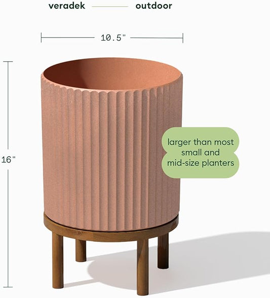 Veradek Demi Series Round Planter w/Stand for Porch/Patio | Durable Plastic-Stone Composite & Wooden Stand | Modern Décor for Tall Plants, Flowers