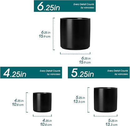 vancasso Ceramic Plant Pots, 4.25+5.25+6.25 Inch Planter Pot with Drainage Hole, Flower Pots for Indoor Outdoor Plants, Set of 3, Black