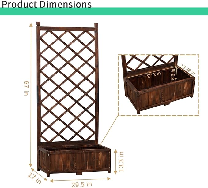 Anraja Raised Garden Bed with Trellis Wooden Flower Standing Planter Box Set of 2 Outdoor Wood Compact Lattice Panels Privacy Screen for Climbing Plant Patio Tomato Vegetable Herb Balcony Porch 67" H