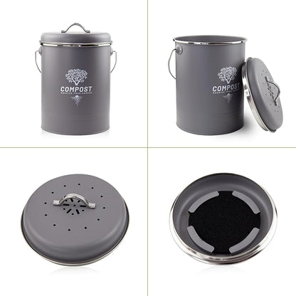 Kitchen Countertop Compost Bin, Odor Resistant Indoor Compost Bin with Lid and Charcoal Filter, Rust Resistant Coated Compost Bucket, Compost Container, Gray