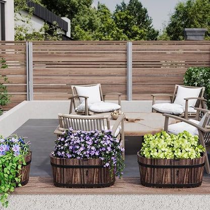 2-Pack Wooden Railing Planters, 13.2 inch Hanging Flower Pots with Detachable Hooks for Balcony, Fence, Deck, Garden, Country Home Decor -Carbonized