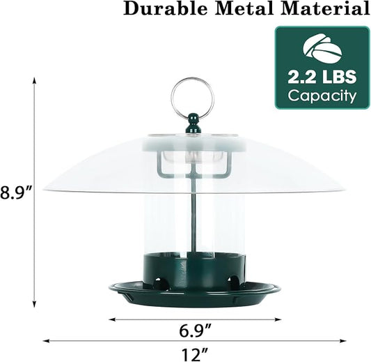 Gbekery Metal Bird Feeder for Outdoor Hanging with 12” Weatherproof Dome, Weather Resistant Wild Bird Feeder with 360 Degree Feeding Tray, Green