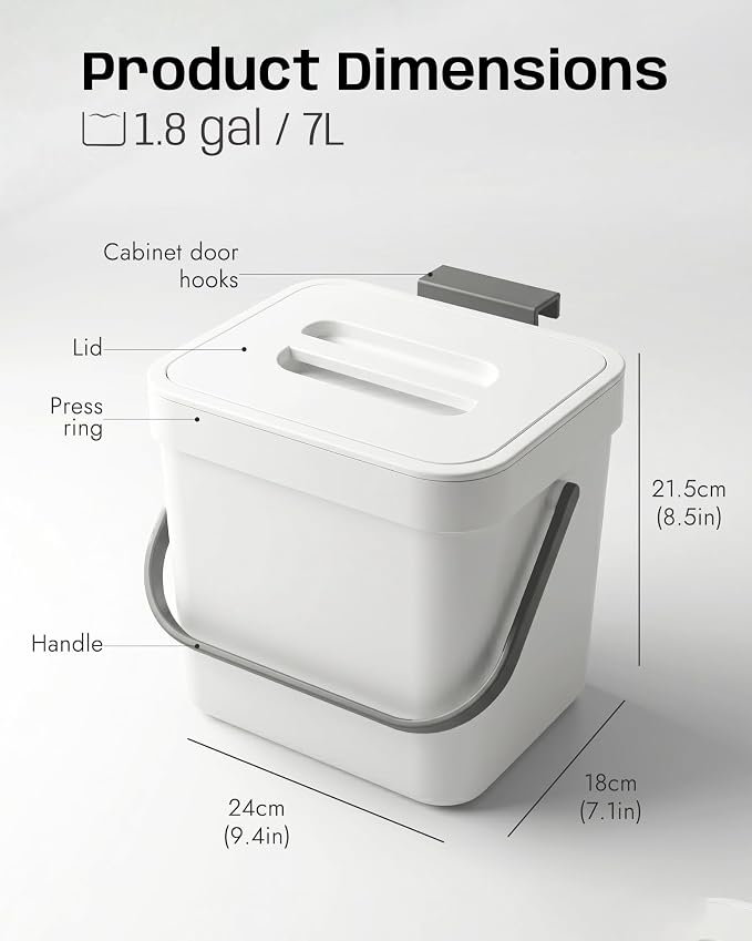 Kitchen Compost Bin - 1.8 Gallons Hanging Trash Can with Lid for Kitchen Cabinet Door, Under Sink, Wall Mounted Waste Bin for Bathroom, 7L(White)