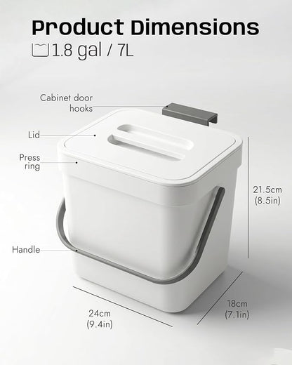 Kitchen Compost Bin - 1.8 Gallons Hanging Trash Can with Lid for Kitchen Cabinet Door, Under Sink, Wall Mounted Waste Bin for Bathroom, 7L(White)