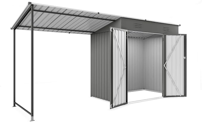 YOPTO 12x4 FT Metal Lean to Shed with Open-Sided Pergola,4x6 FT Outdoor Storage Shed & 6x4 FT Attached Hardtop Gazebo Combo,2-in-1 Durable Garden Tool Shed for Patio, Backyard, Deck,Gray
