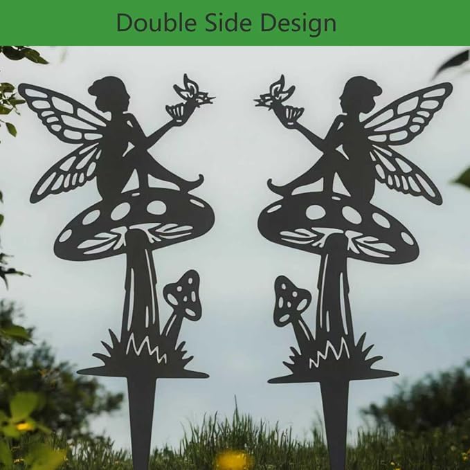 Decorative Garden Stakes， Fairy Garden Stakes, Butterfly Fairy Stakes for Weather Resistant Black Metal Outdoor Decorative Art for Women Gift (Matte Black, 3P-B)