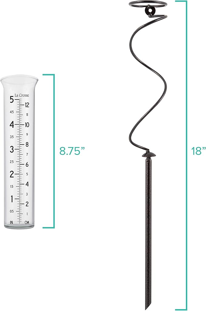 La Crosse 704-08967-INT Original Handcrafted Colombian Metal Finish Spiral Rain Gauge with 5-inch Capacity Glass Rain Garden Tube