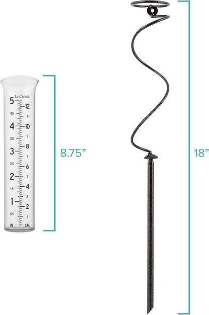 La Crosse 704-08967-INT Original Handcrafted Colombian Metal Finish Spiral Rain Gauge with 5-inch Capacity Glass Rain Garden Tube
