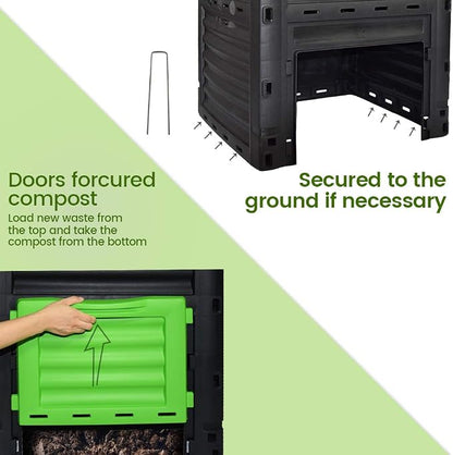 80 Gallon (300L) Large Capacity Static Compost Bin - Forest Green Outdoor Waste Composter with Easy-Access Hatch, Efficient Aeration System for Fast Organic Fertilizer, Sturdy Design