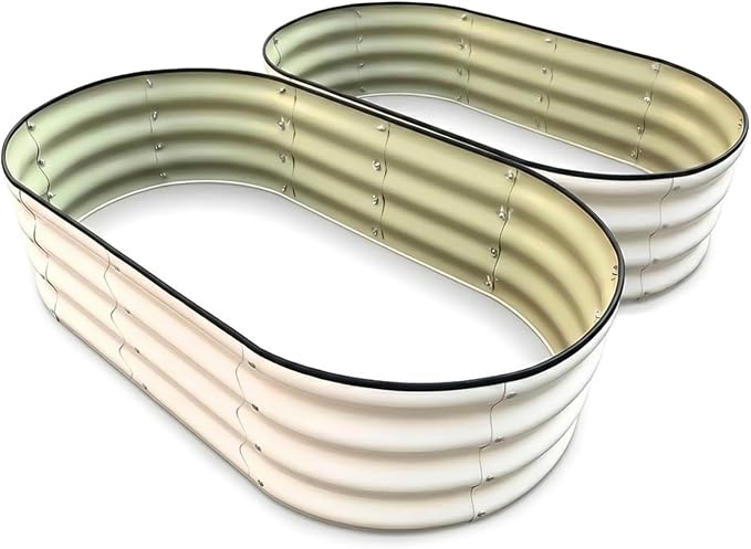 Raised Garden Bed, Metal Planter Box, Oval Shape, Outdoor Planting Flower Herb Vegetable Planter(2 PCS of 4×2×1 ft, Ivory Oval)