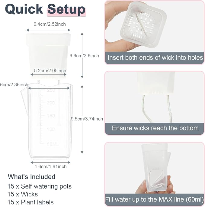 15 Pack 2.5" Self Watering Pots for Indoor Plants,Small Clear Plastic Planters with Water Level Indicator & Drainage Holes for Alocasia Propagation, African Violets, Seedlings, Cuttings and Succulents