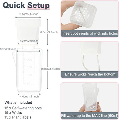 15 Pack 2.5" Self Watering Pots for Indoor Plants,Small Clear Plastic Planters with Water Level Indicator & Drainage Holes for Alocasia Propagation, African Violets, Seedlings, Cuttings and Succulents