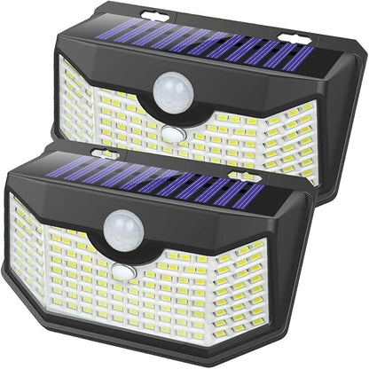 HMCITY 120 LED Outdoor Solar Lights with Motion Sensor and 3 Lighting Modes, IP65 Waterproof Wide Solar Wall Lights Ideal for Garden Patio Yard (Front Button 2Packs, Black Shell-Daylight White)