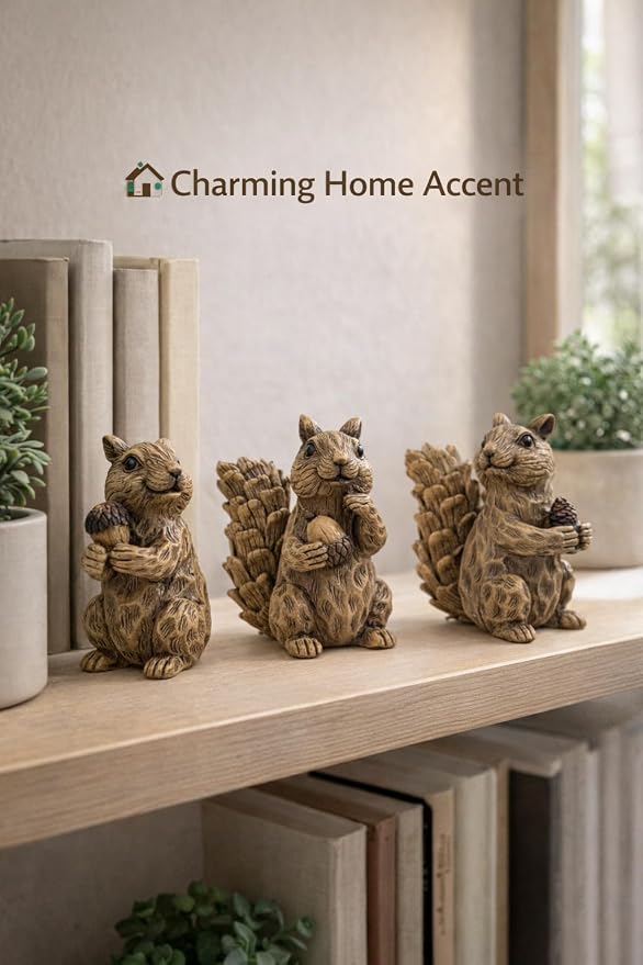 iStatue Set of 3 Resin Squirrel Figurines, Hand-Painted Woodland Animal Decor, Nature-Inspired Tabletop Statues for Home, Garden, Shelf & Gift for Women Mom Dad Girl Boy (Small)