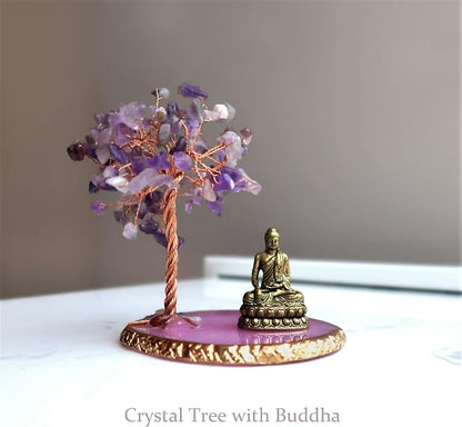 Buddha Statue with Healing Crystal Tree, Tree of Life for Positive Energy. Home Decor Yoga Meditation. Amethyst.(A)