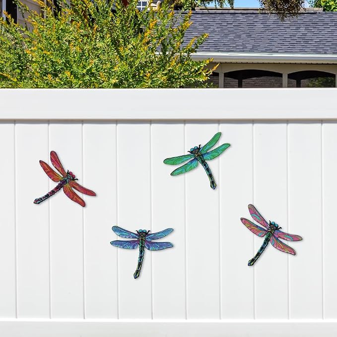 dreamskip Metal Dragonfly Wall Decor Art, 4 Pack Colorful Metal Dragonflies Outdoor Wall Art, Hand Painted Outdoor Wall Decor For Garden, Yard, Fence, Patio, Outside, Living Room Decoration