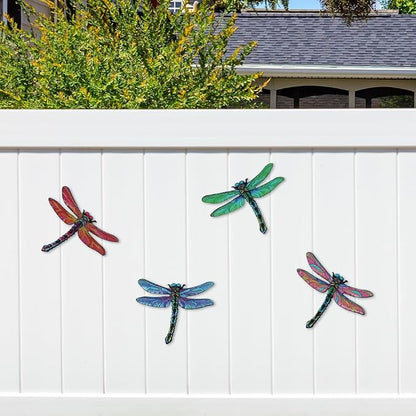 dreamskip Metal Dragonfly Wall Decor Art, 4 Pack Colorful Metal Dragonflies Outdoor Wall Art, Hand Painted Outdoor Wall Decor For Garden, Yard, Fence, Patio, Outside, Living Room Decoration
