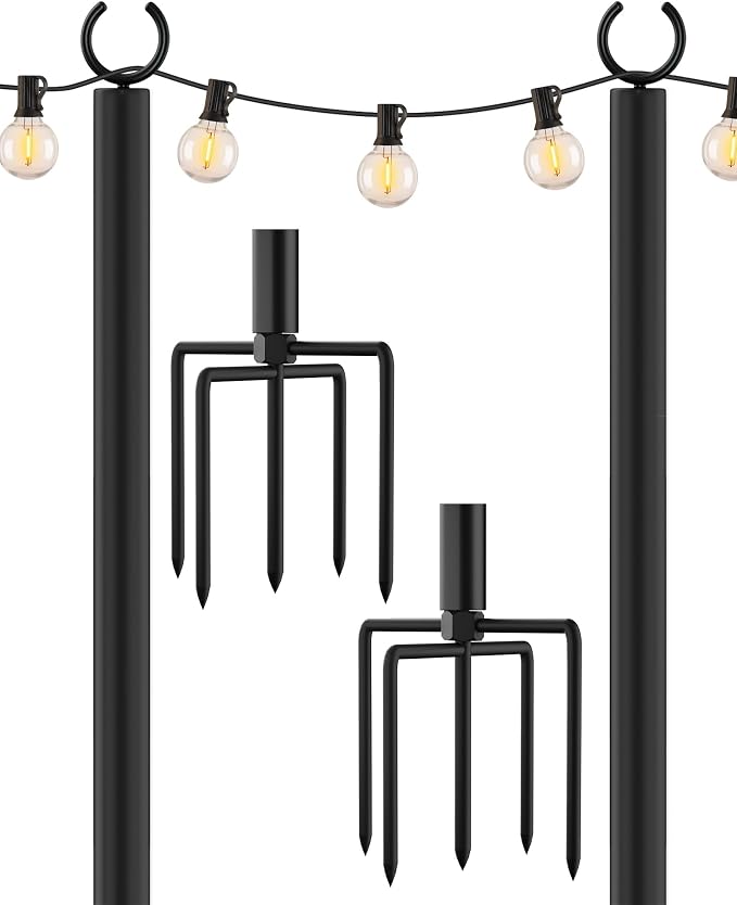 LAND·VOI Metal String Light Poles for Outside Hanging - Backyard, Garden, Patio, 2 Pack Lighting Stand with Adjustable Height for Outdoor Parties, Wedding, Extra-Long 5-Prong Claws, (10FT) FLP02B