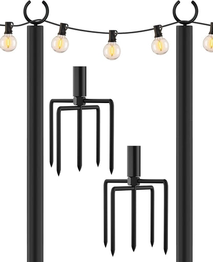 LAND·VOI Metal String Light Poles for Outside Hanging - Backyard, Garden, Patio, 2 Pack Lighting Stand with Adjustable Height for Outdoor Parties, Wedding, Extra-Long 5-Prong Claws, (10FT) FLP02B