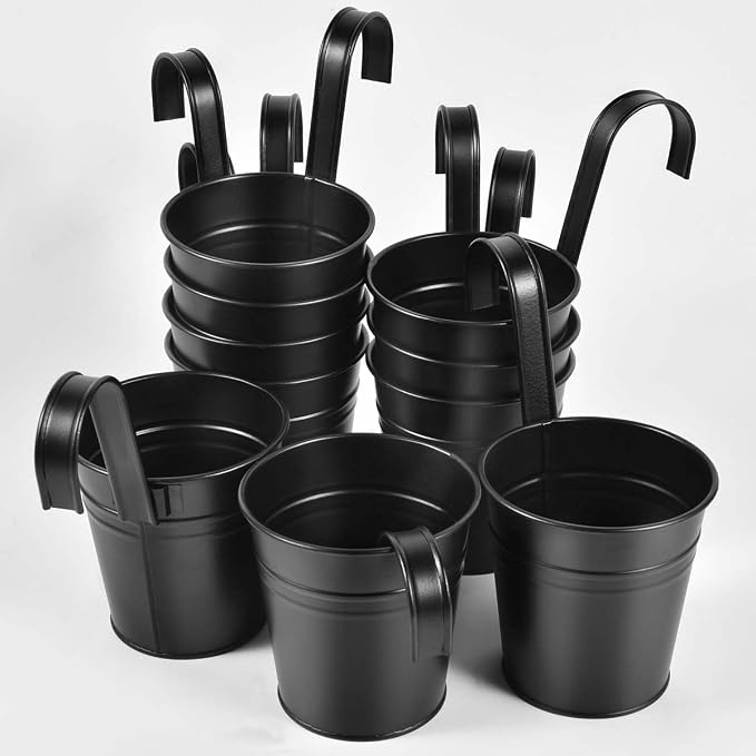 OBTANIM 12 Pack Metal Hanging Flower Pots Railing Planter Outdoor Fence Hanging Bucket Plant Holder with Detachable Hooks Drain Holes for Home Garden Yard Decor (Black, 4 x 4 Inch)
