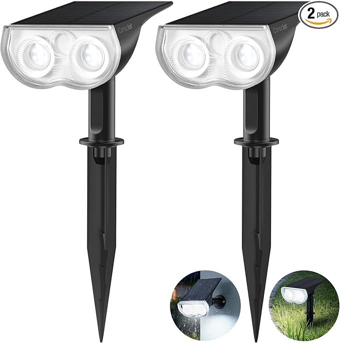 Consciot Solar Lights Outdoor Waterproof IP67, 3 Lighting Modes Solar Spot Lights Outdoor, Auto On/Off, 2-in-1 Solar Landscape Light for Yard Garden Landscape Pathway, Cool White 6500K, 2 Pack