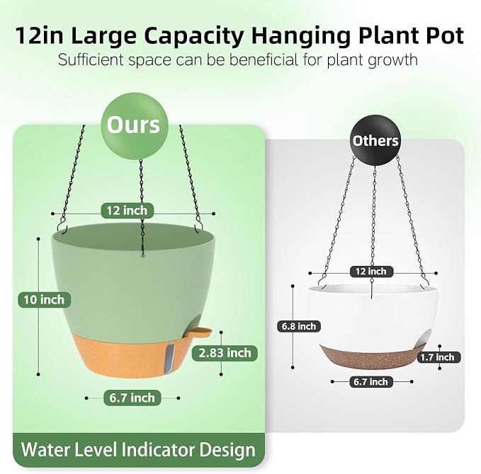 ZMTECH 12 Inch Large Self Watering Hanging Planters for Indoor Outdoor Plants - Water Level Indicator & Removable 60 Oz Reservoir, 1 Pack Plastic Hanging Basket for Window Porch Garden Balcony, Green