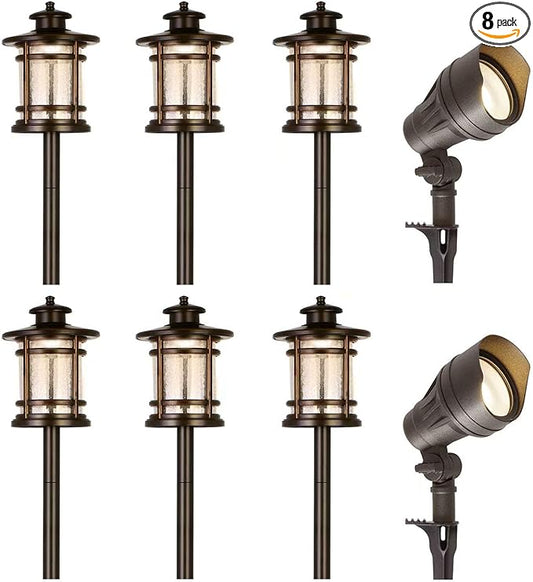 hykolity Low Voltage LED Landscape Kits, 12V-15V Pathway Flood Light Kits | 10W 390LM and 3.4W 155LM Wired for Outdoor Yard Lawn, Die-cast Aluminum, 50W and 30W Equivalent, 8 Pack