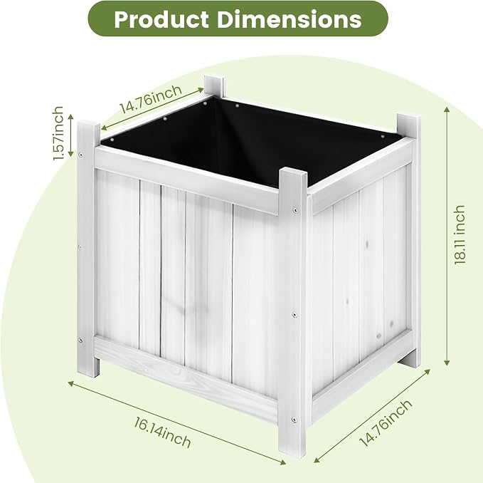 2-Pack 16" White Fir Wood Square Planter Boxes with Drainage Holes | Set of 2 whitewashed fir wood planters with removable bases, liners, and drainage holes for porch, patio, or garden