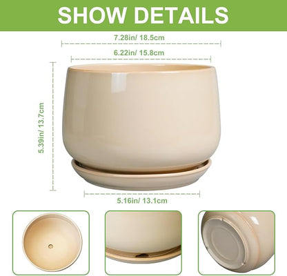 G EPGardening Ceramic Planter - 7 Inch Plant Pots with Drainage and Ceramic Tray, Flower Pots for Indoor Plants, Round Outdoor Planter, Room Decor, Gifts for Plant Lovers, Beige