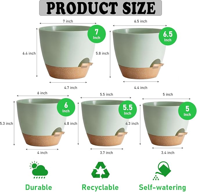 Self Watering Plant Pots with Drainage & Saucers, 5-Pack 7/6.5/6/5.5/5 in - Plastic Flower Pots for Indoor Plants, Succulents & Herbs, Planters for Indoor Outdoor & Balcony (Green)