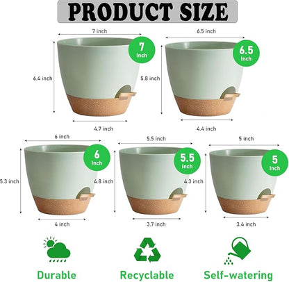Self Watering Plant Pots with Drainage & Saucers, 5-Pack 7/6.5/6/5.5/5 in - Plastic Flower Pots for Indoor Plants, Succulents & Herbs, Planters for Indoor Outdoor & Balcony (Green)