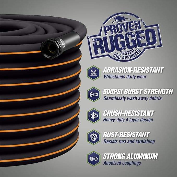 RUGGED RHINO Heavy Duty Garden Hose 75ft x 5/8in, Anti-Kink and Leakproof, Durable 4-Layer Construction, 500 PSI Burst, All Weather Outdoor Watering for Lawn, Garden, Flowers, Black and Orange