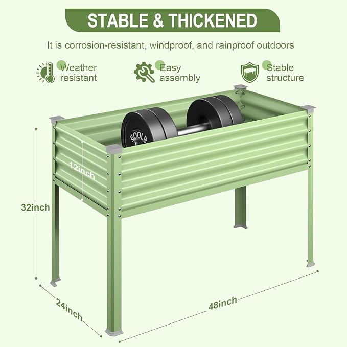 Raised Garden Bed with Legs, 48×24×32in Galvanized Raised Garden Beds Outdoor Elevated Metal Planter Box for Gardening Vegetables Flowers Herb-Green