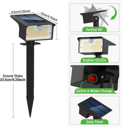 nipify 3 Pack 62 LED Solar Spot Lights Outdoor Motion Sensor with 3 Modes | 2-in-1, Auto ON/OFF, Solar Powered, Waterproof Landscape Spotlights for Outside Yard Wall Garden, Warm White
