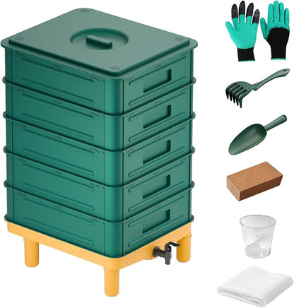 85L Worm Compost Bin, 5-Layer Worm Composter for Indoor & Outdoor, Starter Kits for Vermicomposting Starter, Garden Worm Composting Bin for Recycling Food Waste (Green)