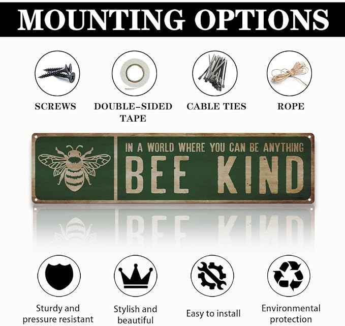 Garden Metal Tin Signs, Bee Kind Sign, Vintage Farmhouse Bee Wall Art, for Garden Yard Fence Door Porch, Rustic Indoor Outdoor Gardens Decoration, 15.7 x 3.9 Inches