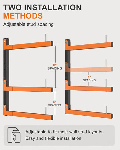 Lumber Storage Rack Wall-Mounted Lumber Racks Heavy Duty Wood Storage Rack with 6-Level Holds Up 720 LBS Sturdy Folding Garage Wood Organizer Orange Shelving Metal Shelf for Indoor & Outdoor- 4 Pack
