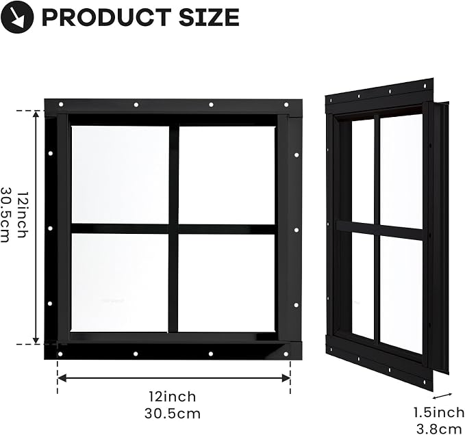 Shed Windows 2 Pack, Chicken Coop Fixed Windows 12" x 12" Black | Square Gable Flush Mounted Small Windows with Tempered Glass for Shed, Barns, Playhouse, Household, Garage