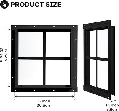 Shed Windows 2 Pack, Chicken Coop Fixed Windows 12" x 12" Black | Square Gable Flush Mounted Small Windows with Tempered Glass for Shed, Barns, Playhouse, Household, Garage