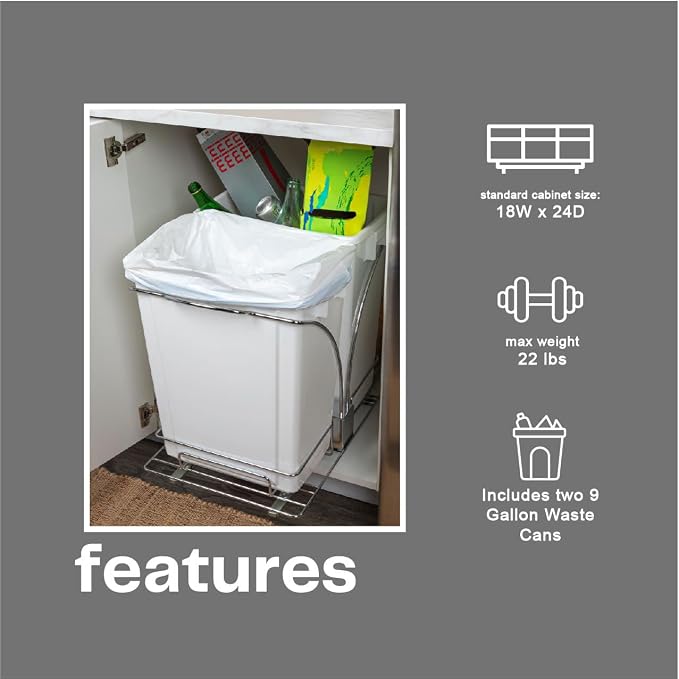 Household Essentials Chrome Steel Sliding Double Waste Bin with White Plastic Inserts