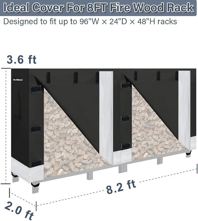 8ft Firewood Rack Cover for Wood Holder, Waterproof Wood Pile Cover for Outside, Indoor Outdoor Log Rack Cover for Firewood with Buckle, Black (Frame not Include)