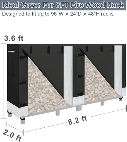8ft Firewood Rack Cover for Wood Holder, Waterproof Wood Pile Cover for Outside, Indoor Outdoor Log Rack Cover for Firewood with Buckle, Black (Frame not Include)