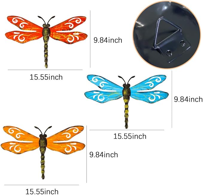Metal Dragonfly Wall Decor Outdoor Garden Fence Art,Hanging Decorations for Living Room, Bedroom, 3 Pack
