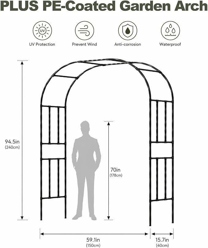 Garden Arch, 94.5’’x59.1’’ Arbor Trellis, Garden Arch Trellis for Climbing Plants Outdoor, Arbor for Flower, Climbing Vine Vegetable, Fruit and Lawn(Black)
