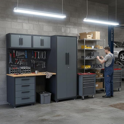 Garage Storage Cabinet System, 7PCK Workshop Set Garage Cabinets and Storage System with Steel Cabinet Drawers, Workbench, Pegboard for Tool Organization
