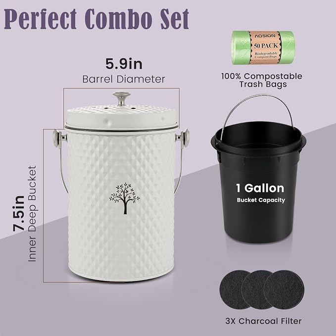 AOSION Countertop Kitchen Odorless Compost Bin with Removable Inner Bucket | 1 Gallon Composter Container,Includes 50 Compost Bags,2 Carbon Filters,Compost Bucket, ideal for food scraps,coffee grounds